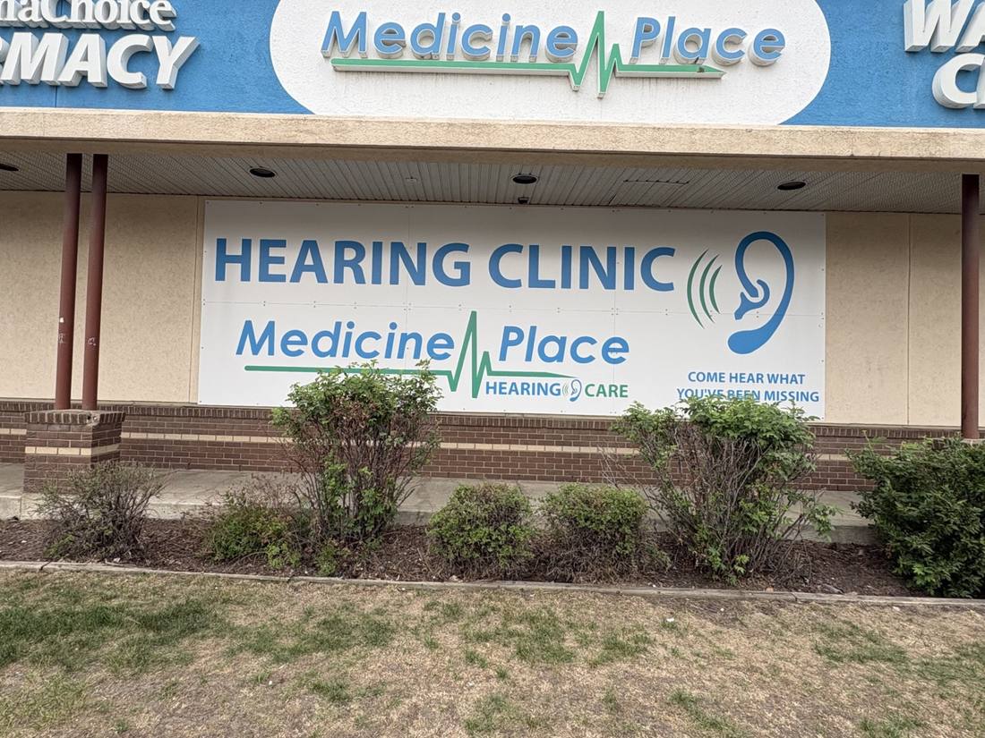 Hearing Clinic sign on the storefront of Medicine Place Hearing Care 97 North at 13514 97 St NW