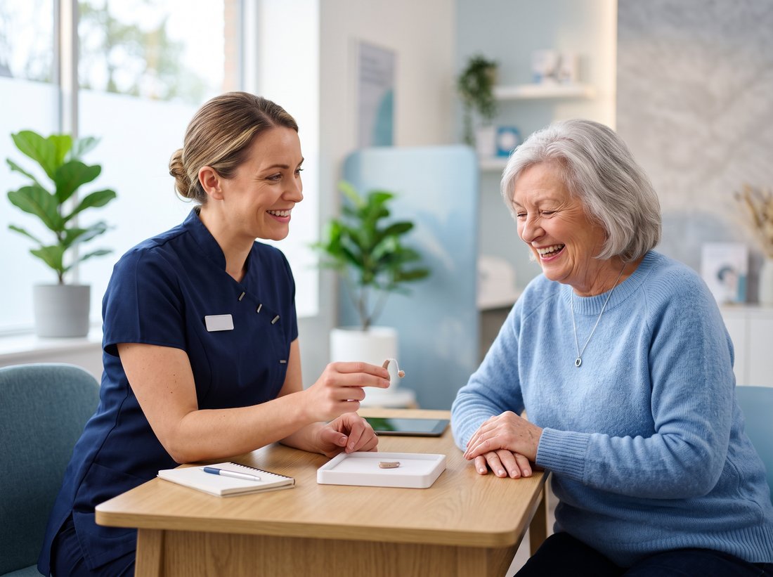 Hearing care specialist showing a hearing aid to a happy older patient