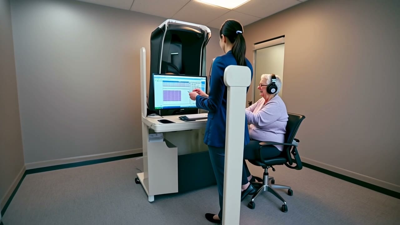 A patient wearing headphones during a hearing test in a sound booth