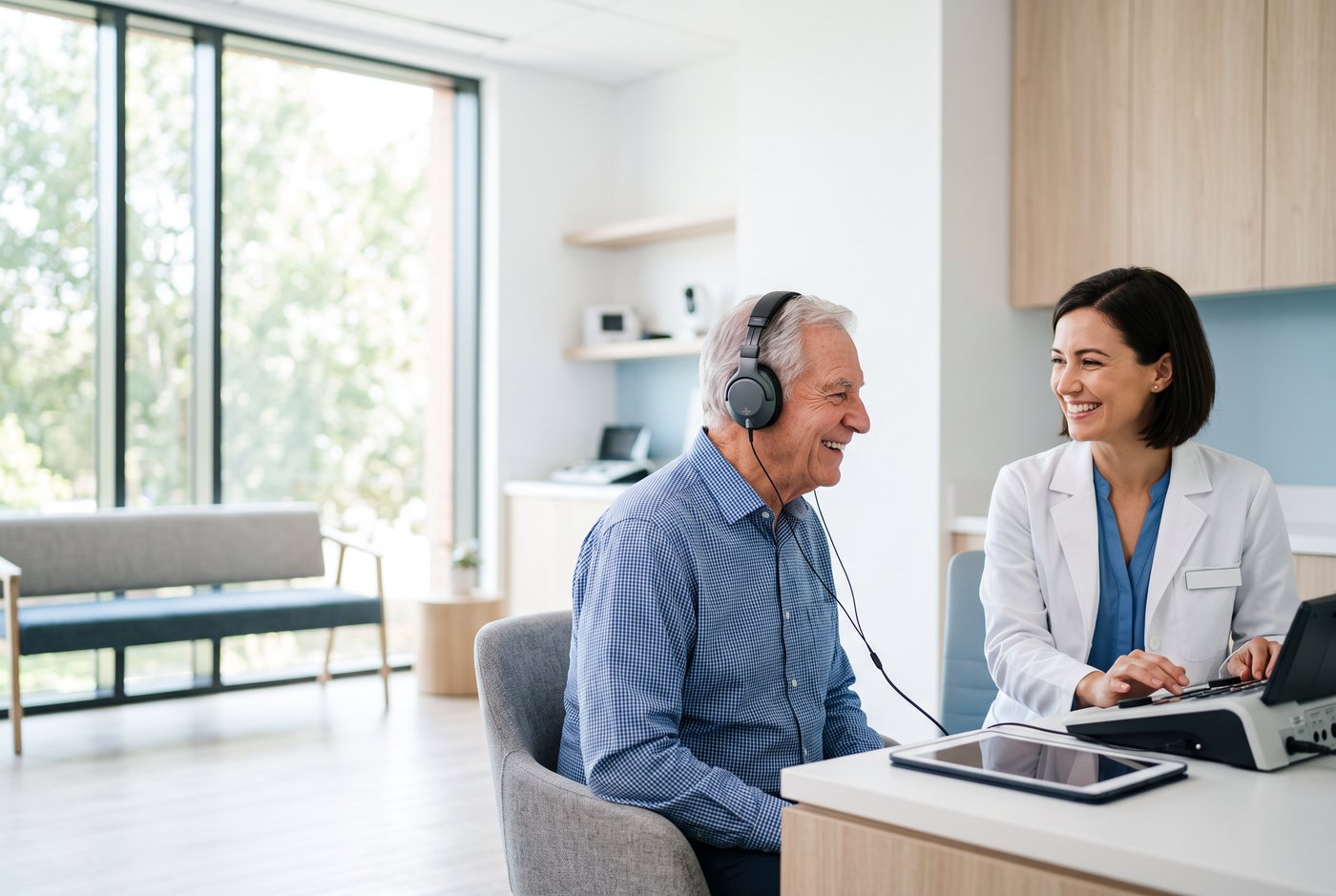 Registered audiologist performing a hearing test on a smiling senior patient at Edmonton Hearing Clinic
